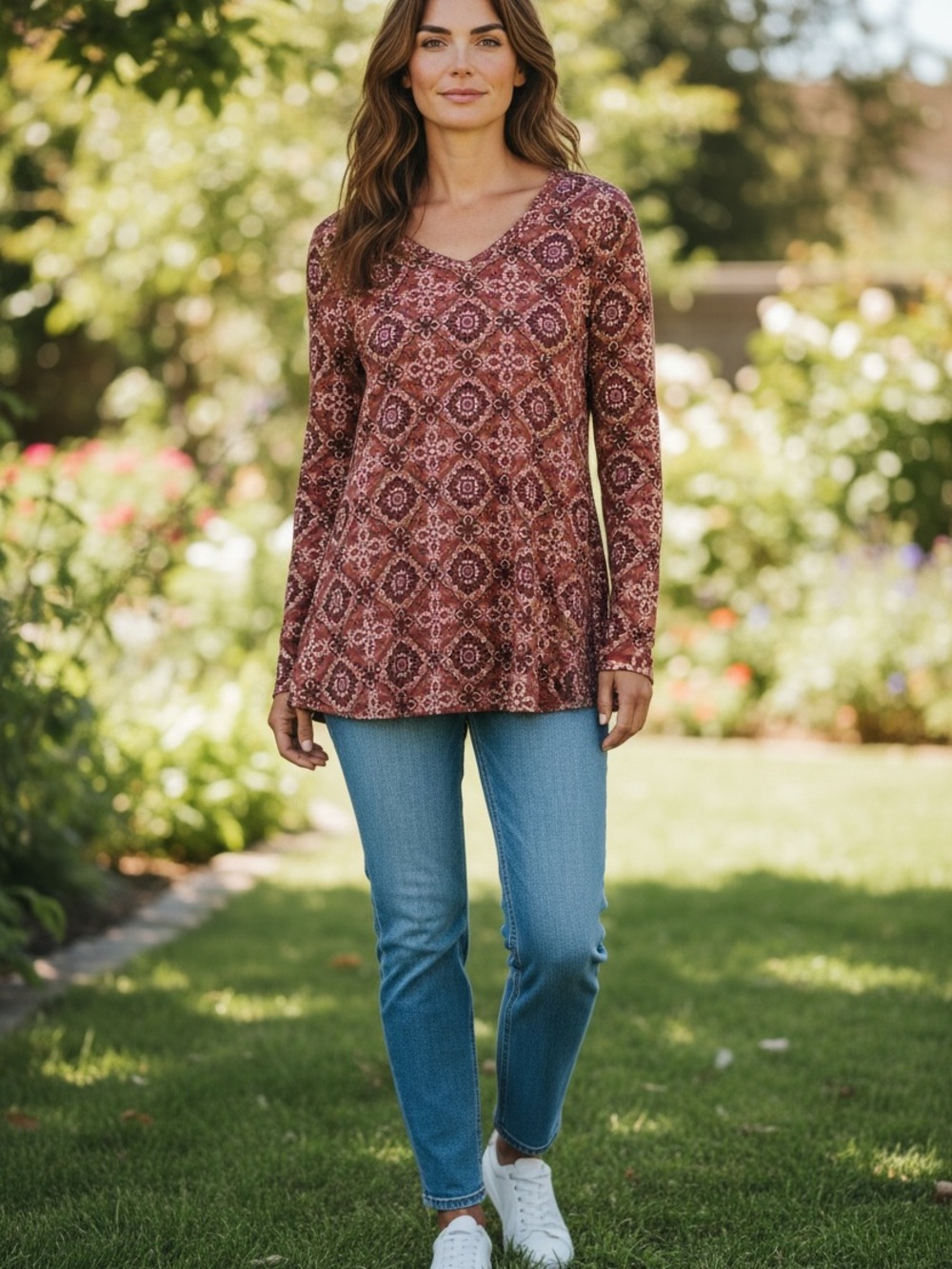 Rebecca Malone Brick Red Printed V‑Neck Long Sleeve Tunic